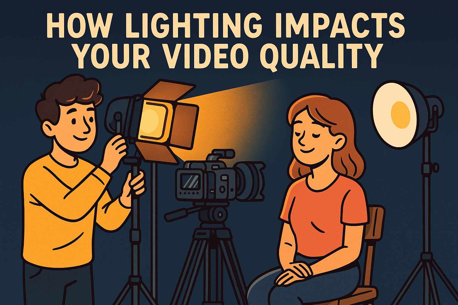 Cartoon illustration of a film crew setting up lighting on talent